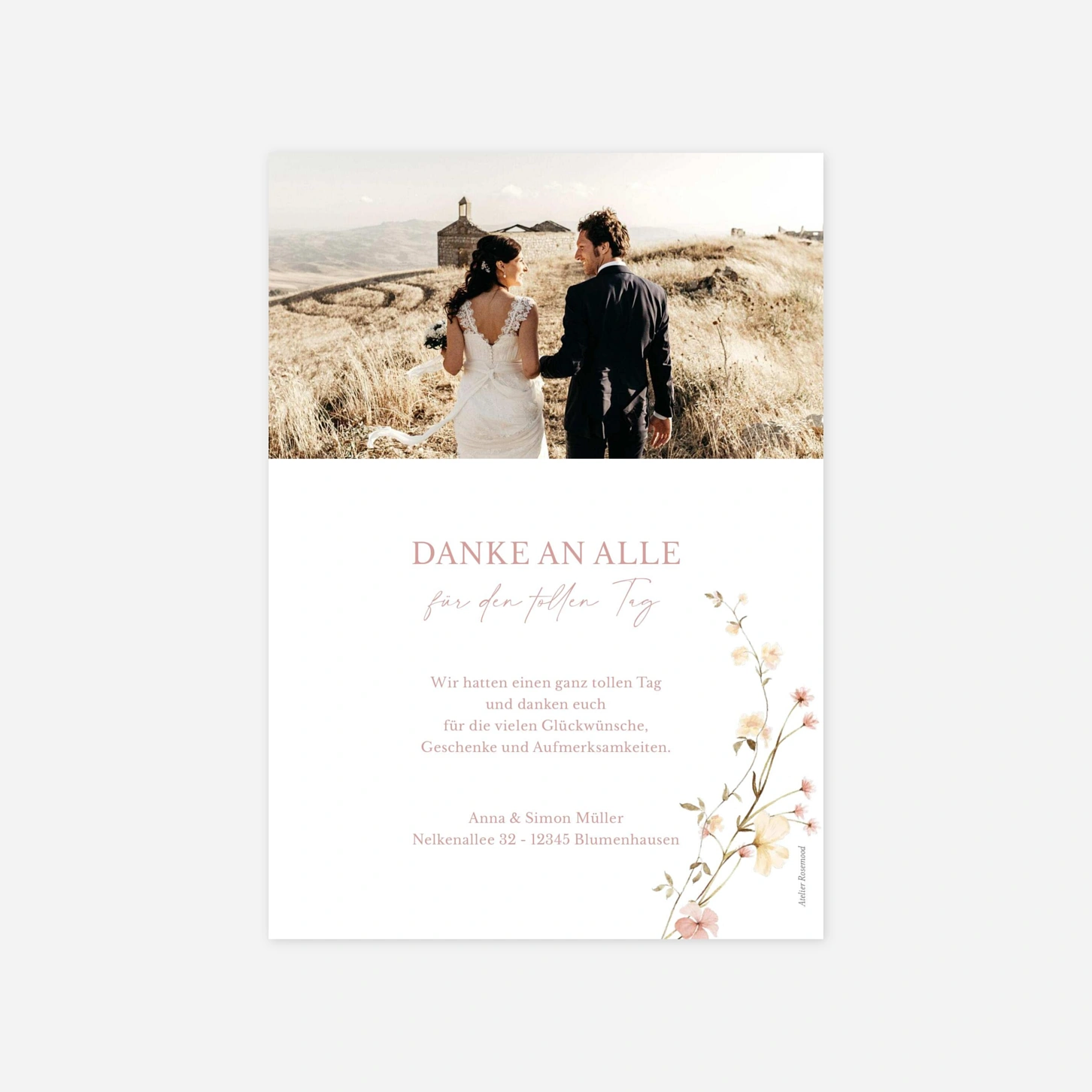 Dankeskarte Hochzeit Blütenmonogramm